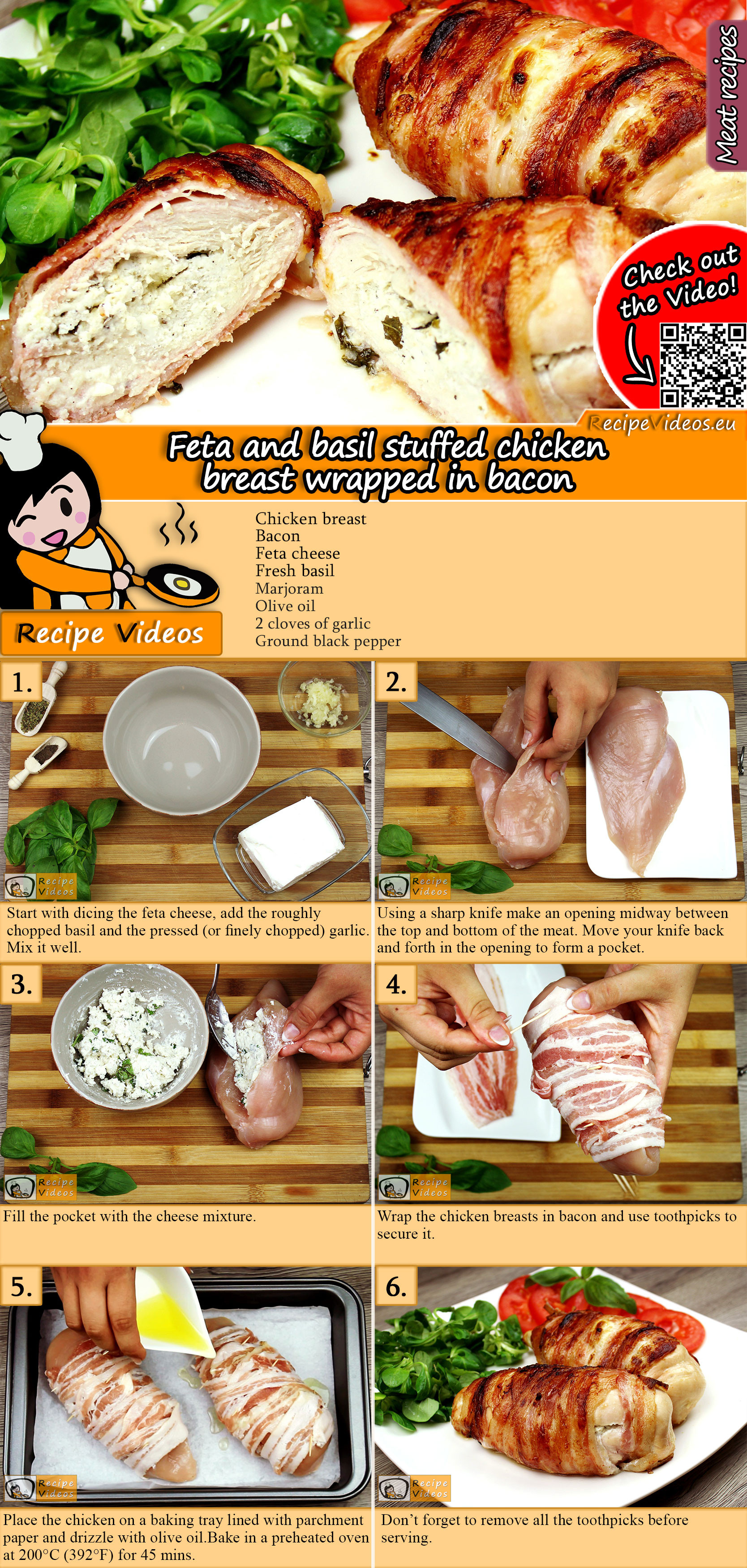 Feta and basil stuffed chicken breast wrapped in bacon recipe with video