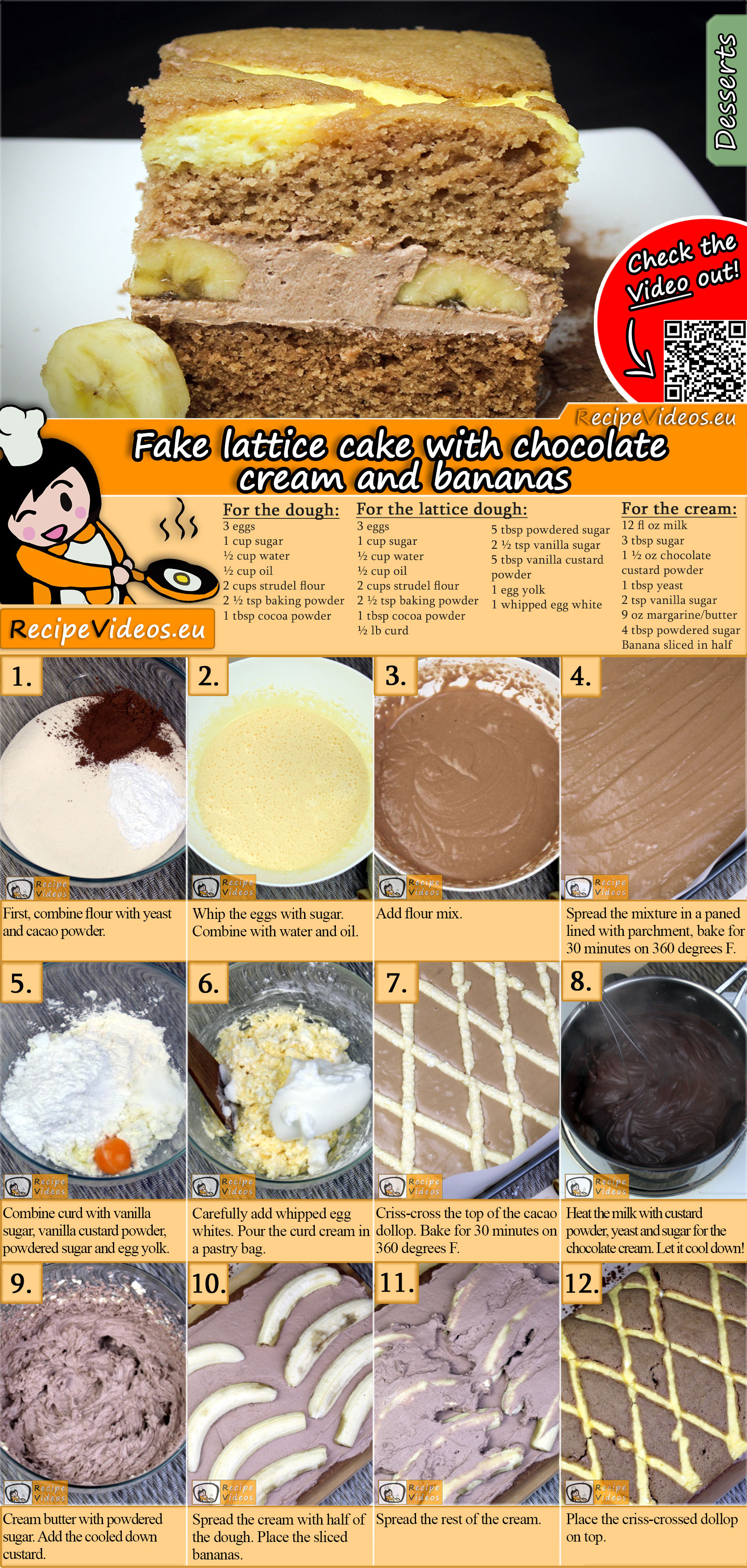 Fake lattice cake with chocolate cream and bananas recipe with video